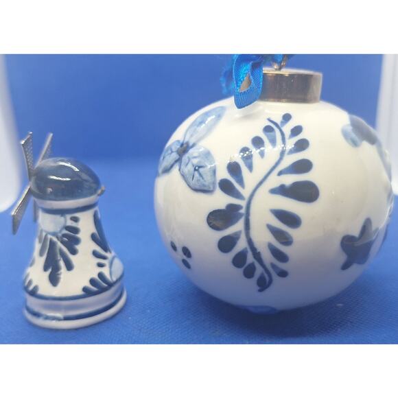 Holland Christmas Tree Delft Elf Ceramic 3” Round Ornament- With Bonus Windmill! - Picture 2 of 8